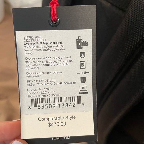 TUMI Cypress Roll Top Black and Gray Backpack with Red Accent - NWT - Picture 3 of 4